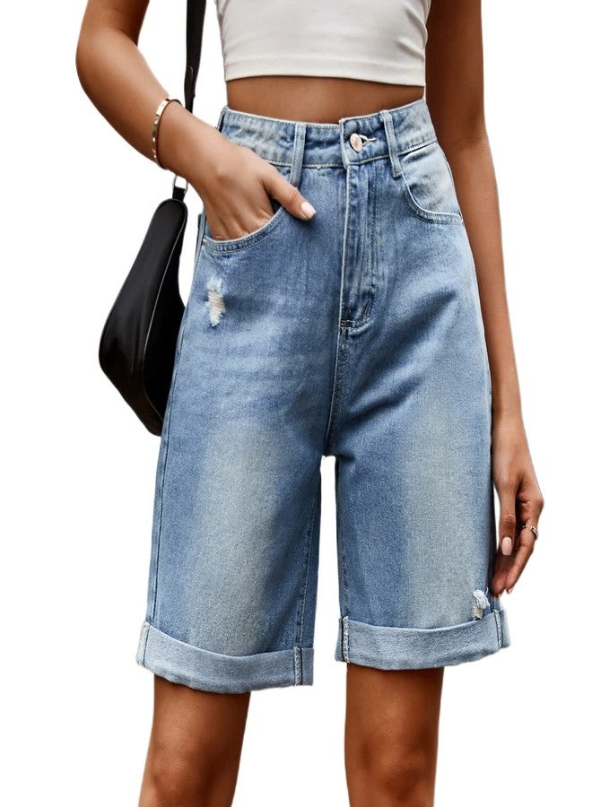 Sumleno Women's Jorts Y2k Baggy Jean Shorts Casual High Waist Straight Leg Long Denim Shorts Y2k Aesthetic Streetwear (Medium Wash,S) - Image 1